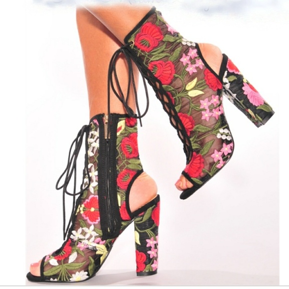 Lace Mesh Embroidery Floral Peep Toe Booties - Picture 4 of 6